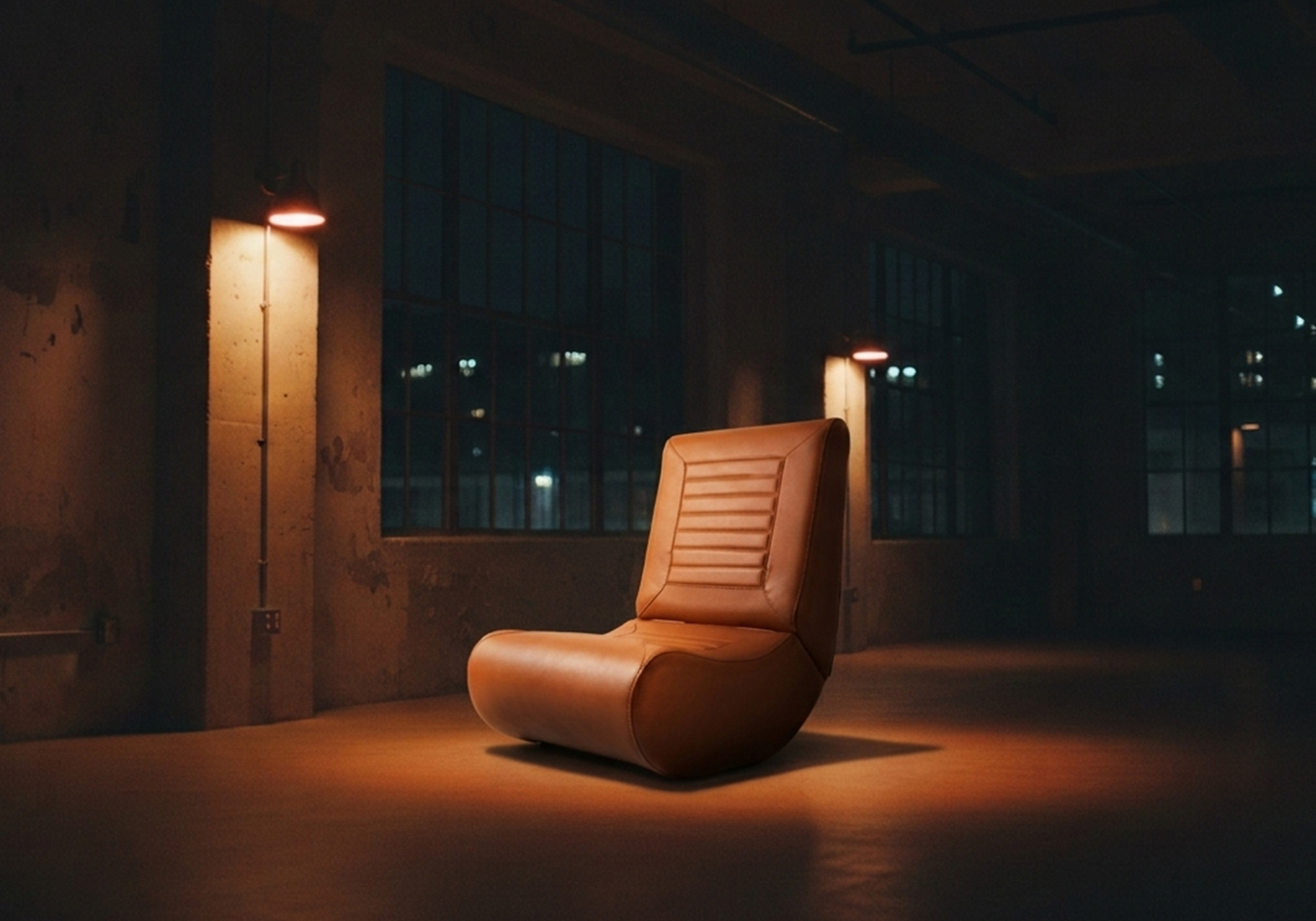 Torino Lounge en penumbra atmosférica con iluminación cálida de cobre