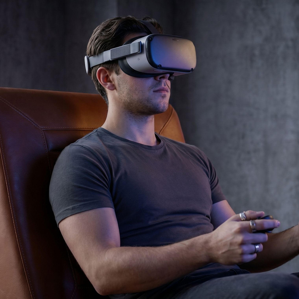 Casco de realidad virtual sobre plinto de concreto con iluminación dramática