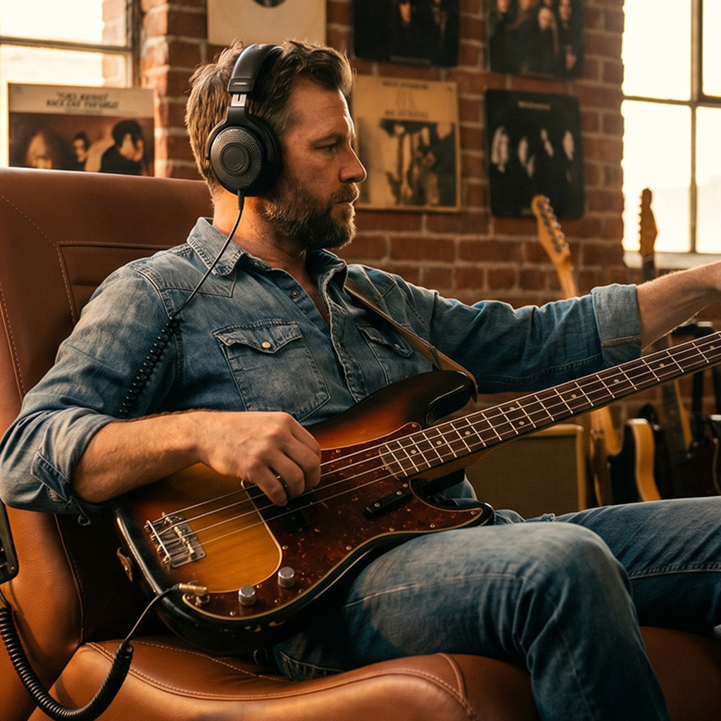 Estudio de música con guitarra eléctrica y amplificador vintage